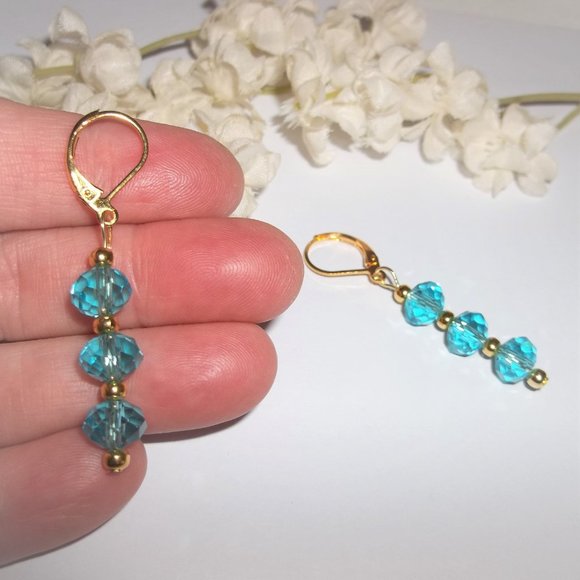 Pretty Turquoise Blue & Gold Earrings Beaded 6327 - Picture 5 of 7